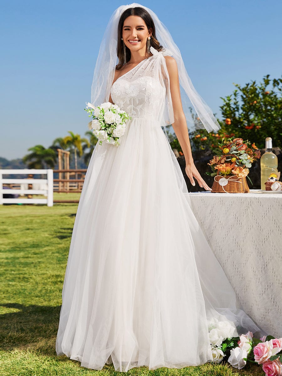 One-Shoulder Tulle Wedding Dress with Bow