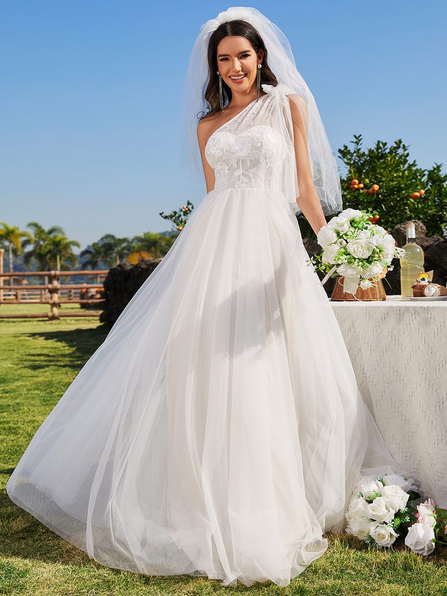 One-Shoulder Tulle Wedding Dress with Bow
