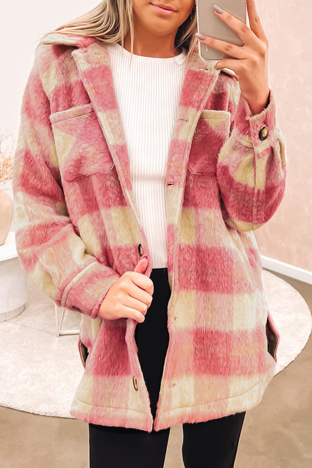 Oversized Fuzzy Plaid Jacket for Women
