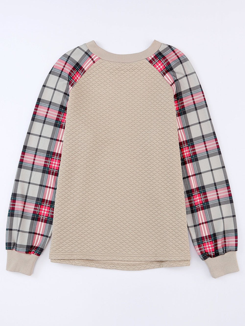 Textured Knit Top with Plaid Sleeves