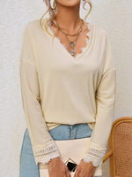Relaxed Fit Ribbed Knit Blouse with Lace Trim