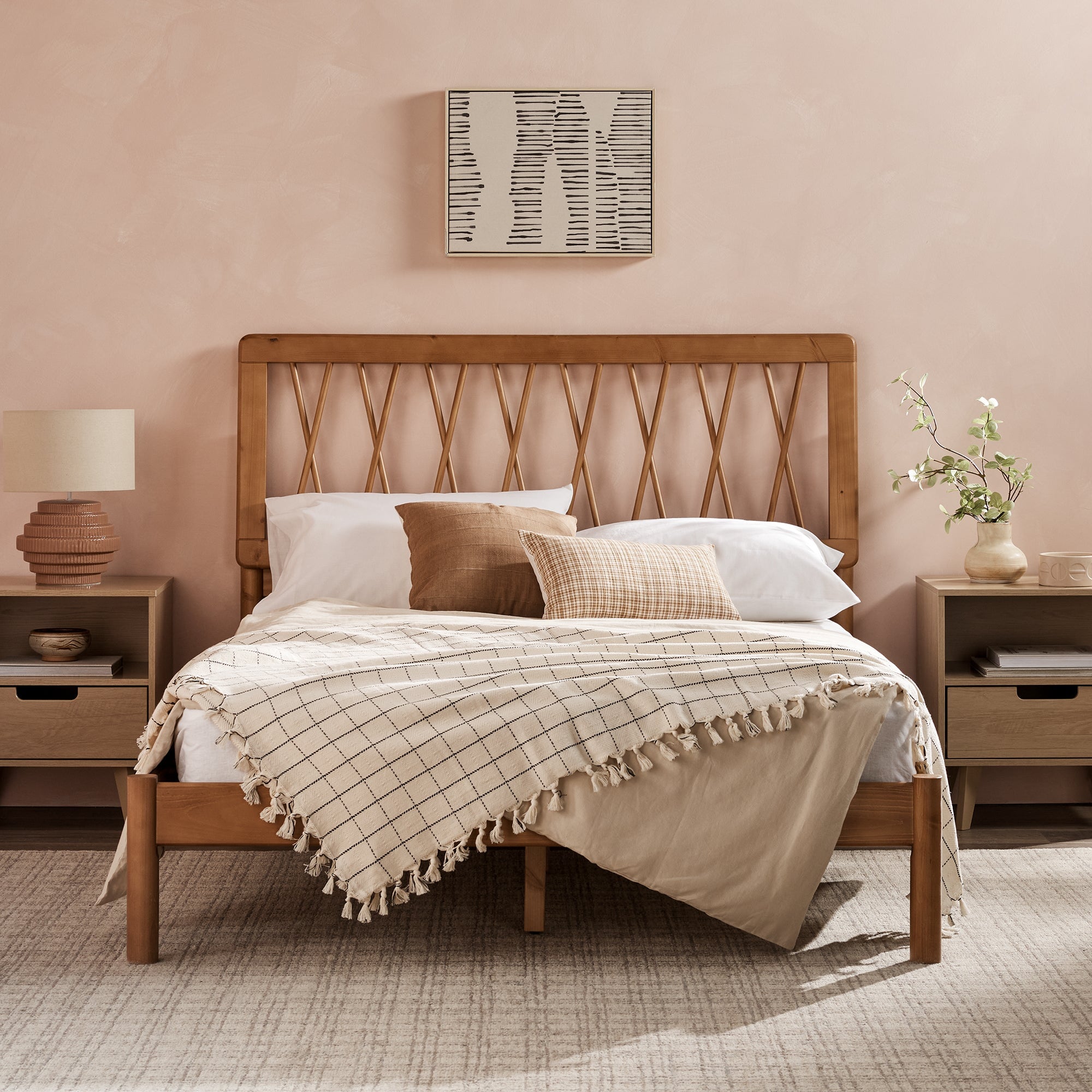 Cama de madera maciza moderna de mediados de siglo Cama X Spindle