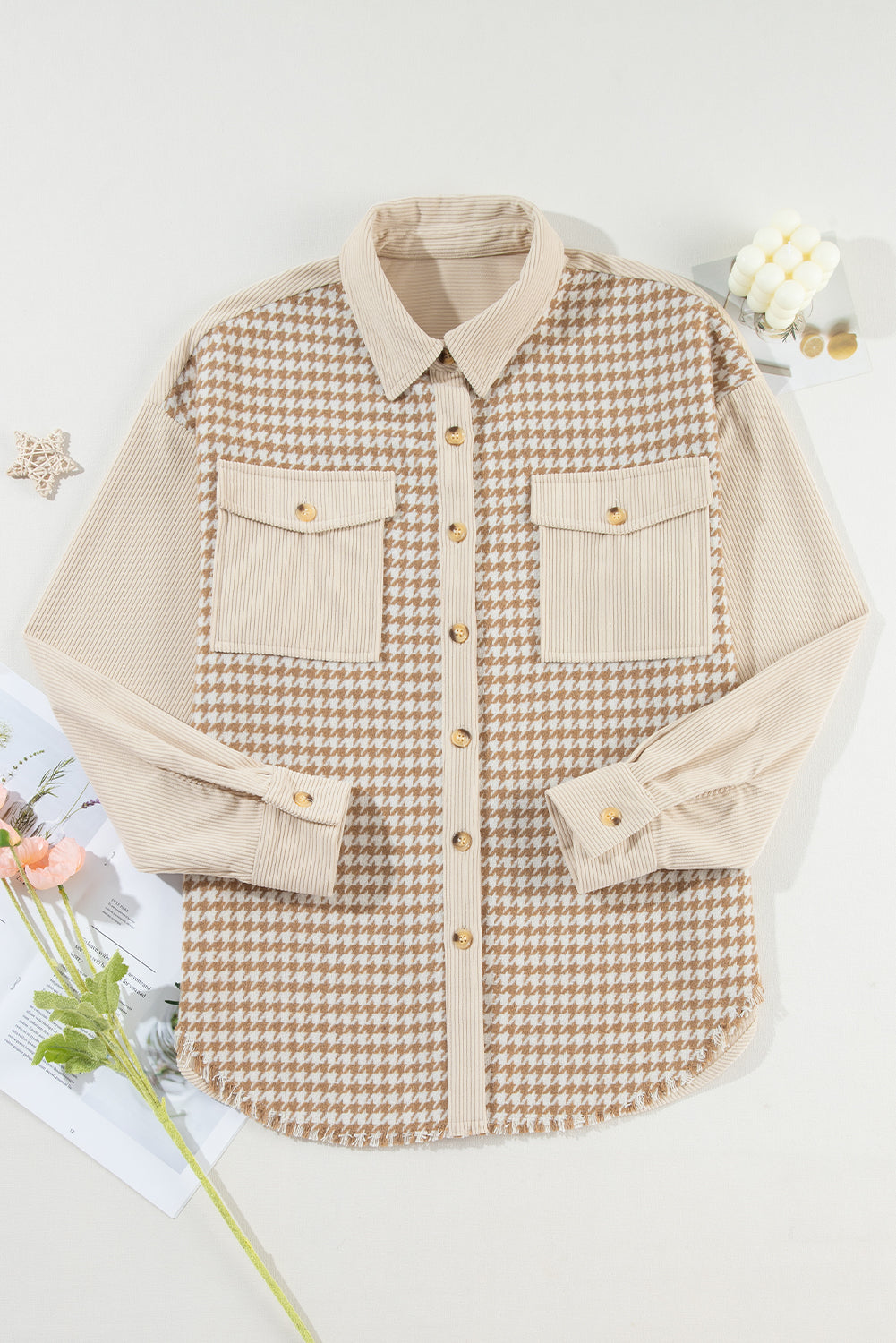 Long-Sleeve Corduroy Button-Down Shirt with Houndstooth