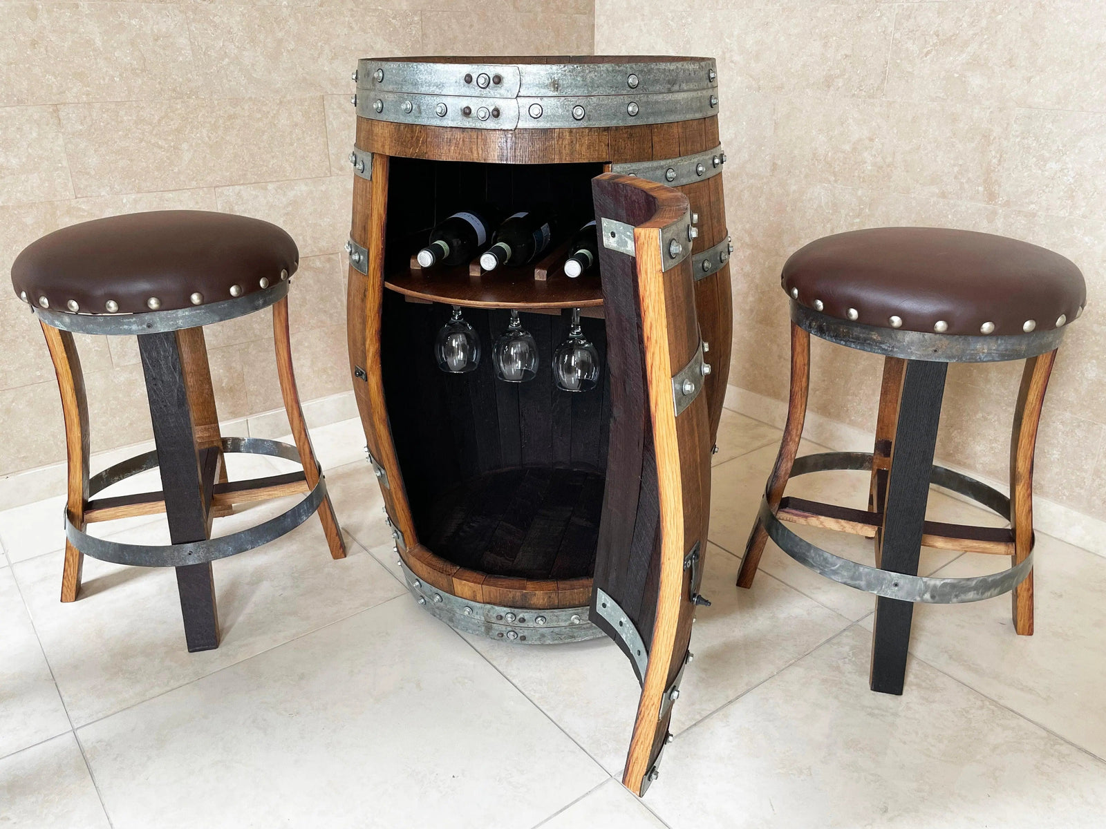 Taburete de bar de barril de roble marrón - Tapizado de espuma viscoelástica - Taburete de bar de madera de barril de whisky - Altura de mostrador - Silla de barril de vino hecha a mano