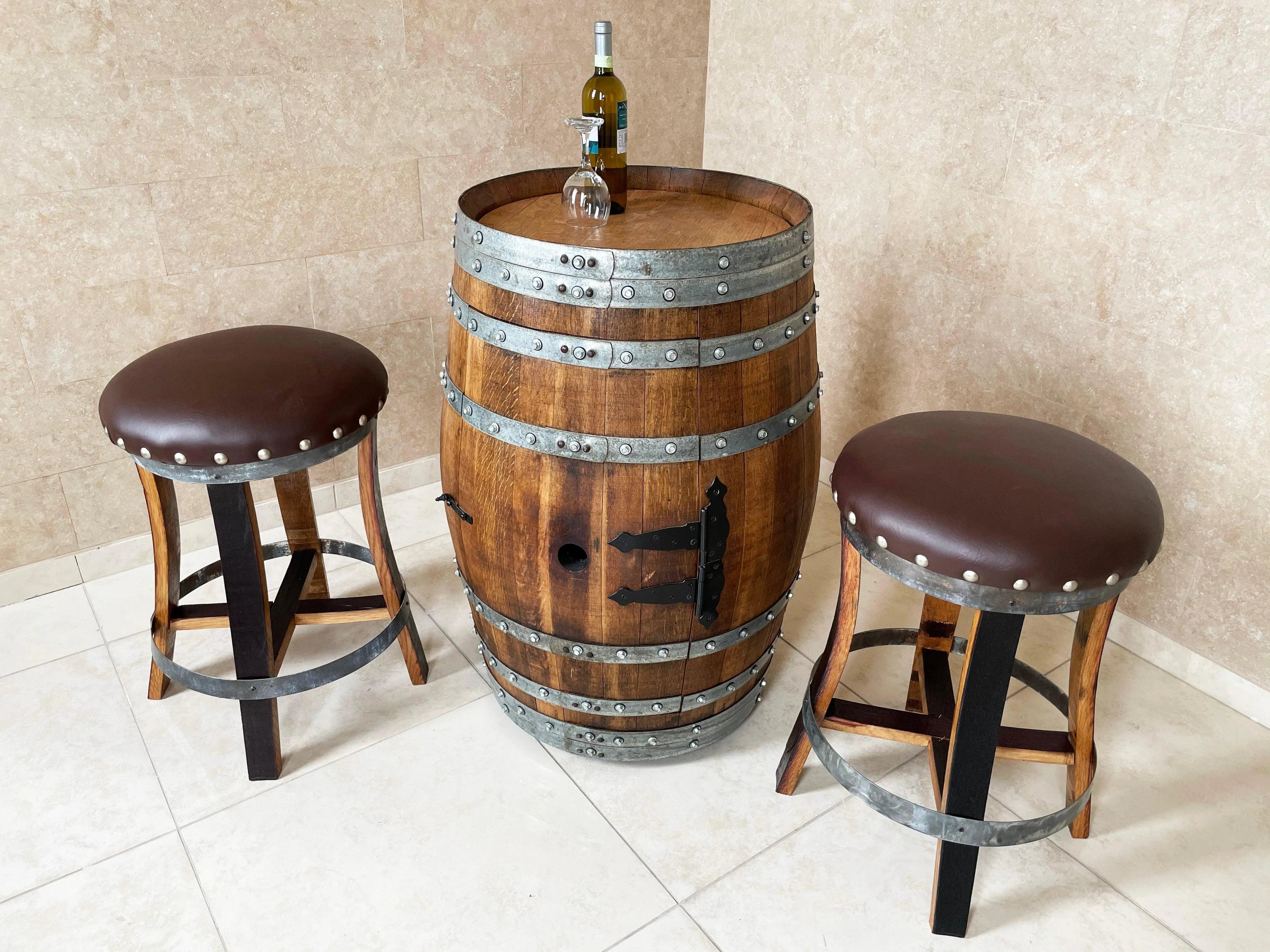 Taburete de bar de barril de roble marrón - Tapizado de espuma viscoelástica - Taburete de bar de madera de barril de whisky - Altura de mostrador - Silla de barril de vino hecha a mano
