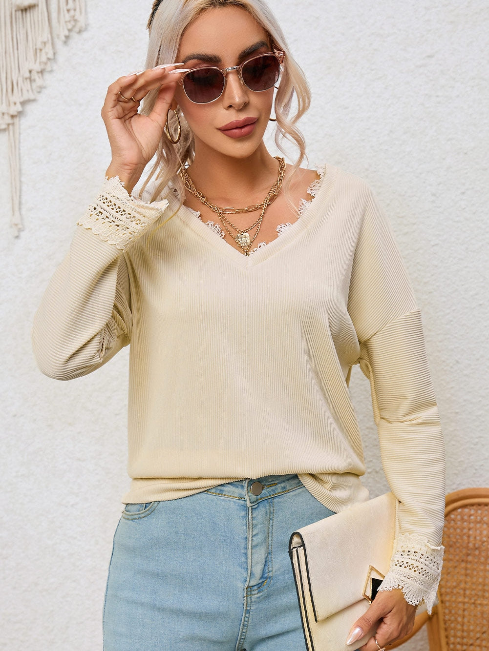 Relaxed Fit Ribbed Knit Blouse with Lace Trim