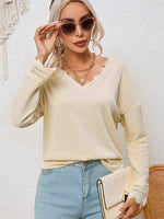 Relaxed Fit Ribbed Knit Blouse with Lace Trim