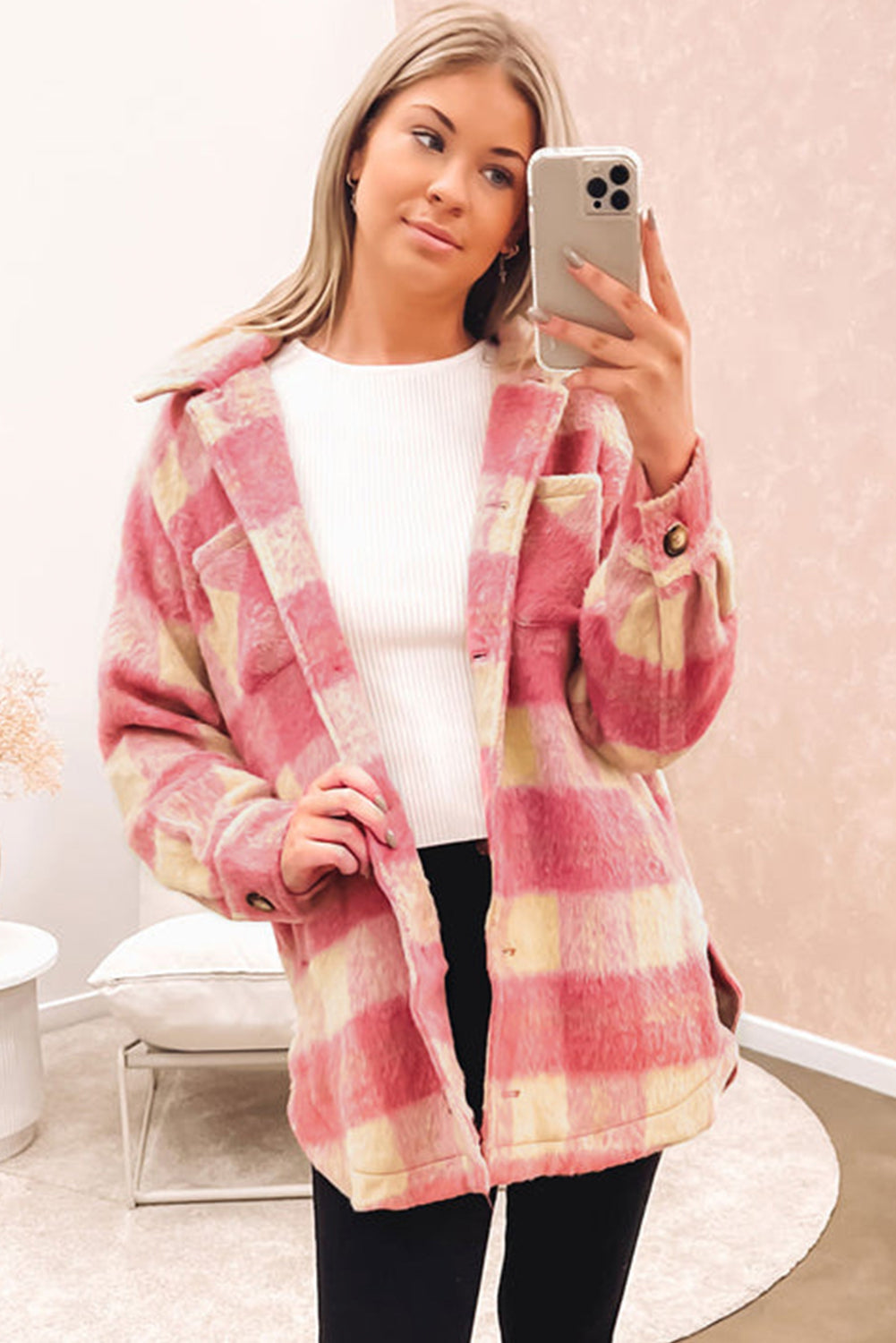 Oversized Fuzzy Plaid Jacket for Women