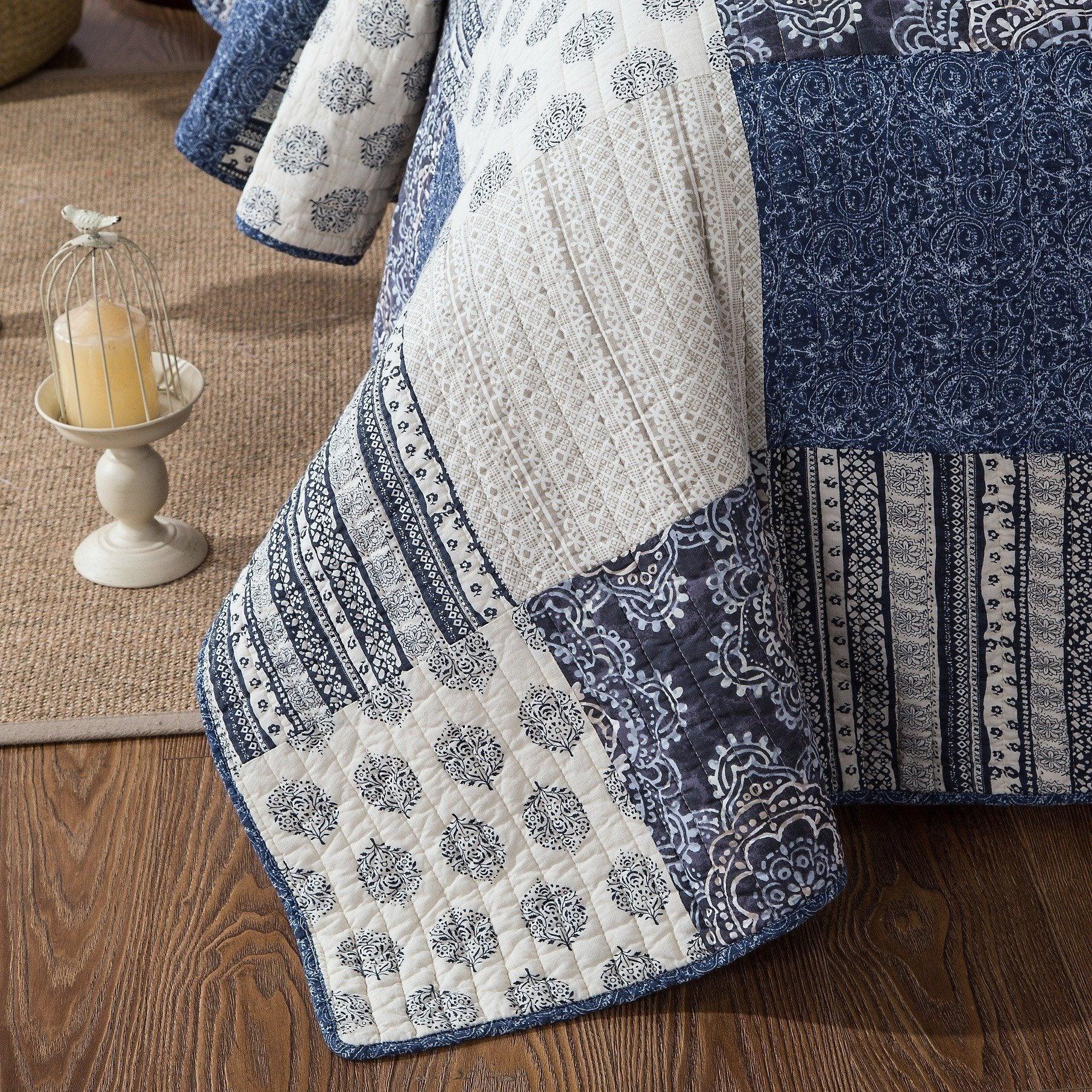 DaDa Bedding Bohemian Denim Blue Elegance Patchwork Cotton Bedspread Set (JHW-660)