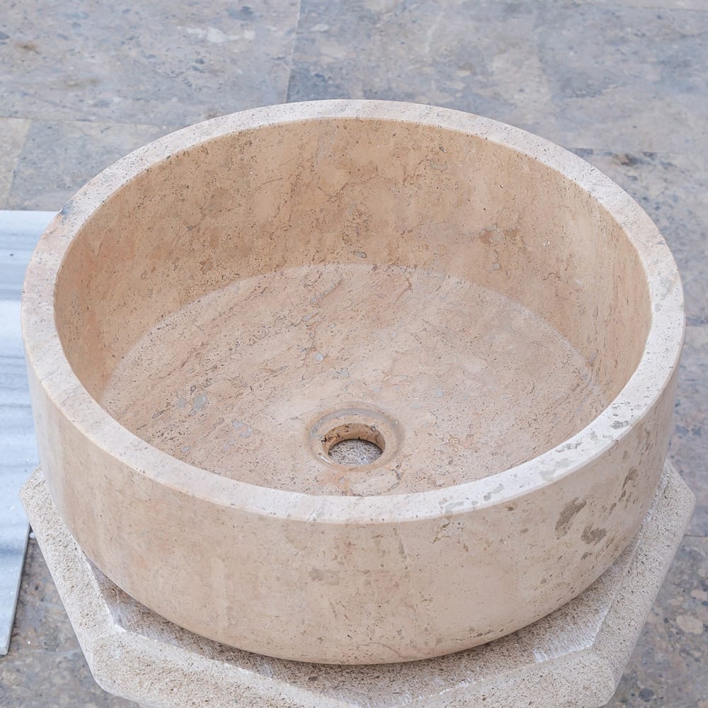 Lavabo de baño de piedra natural color beige travertino toscano pulido sobre tocador (diámetro de 16" y alto de 6")