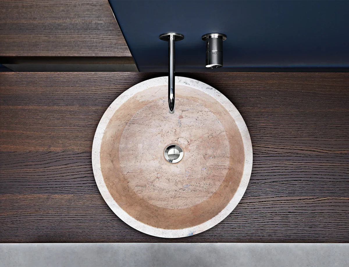 Lavabo de baño de piedra natural color beige travertino toscano pulido sobre tocador (diámetro de 16