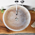 Lavabo de baño empotrado o sobre tocador de piedra natural color beige travertino con borde automático