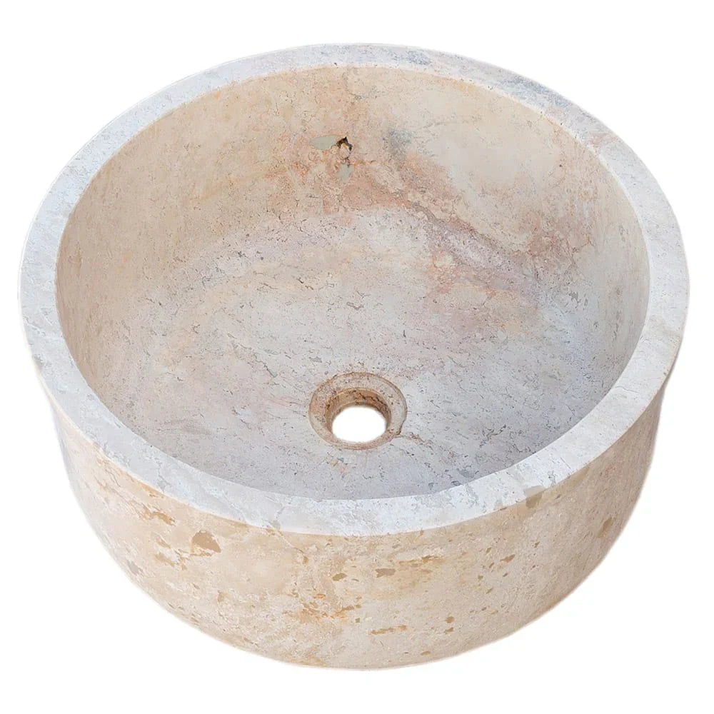 Lavabo de baño empotrado o sobre tocador de piedra natural color beige travertino con borde automático