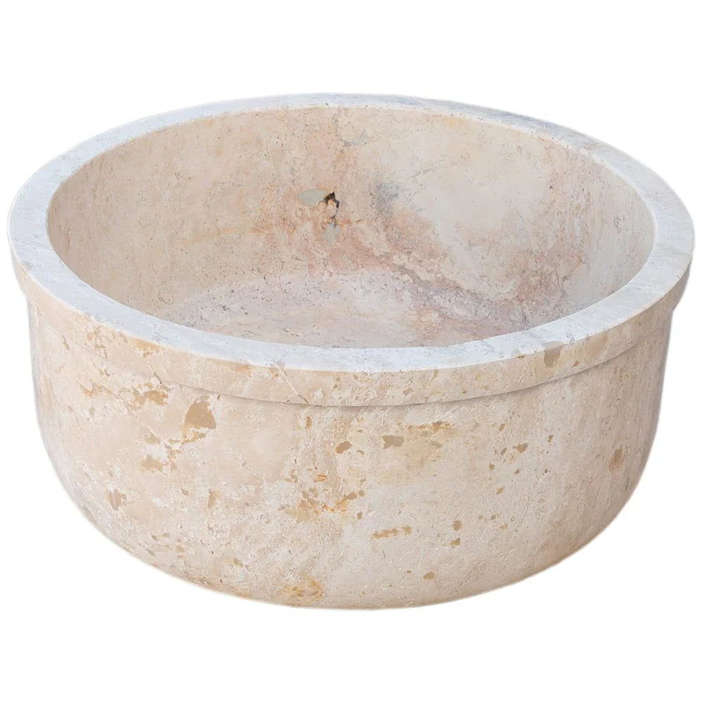 Lavabo de baño empotrado o sobre tocador de piedra natural color beige travertino con borde automático