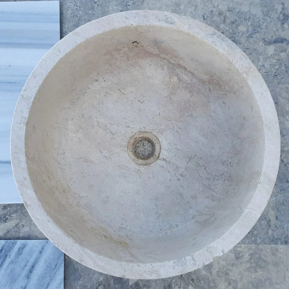 Lavabo de baño empotrado o sobre tocador de piedra natural color beige travertino con borde automático
