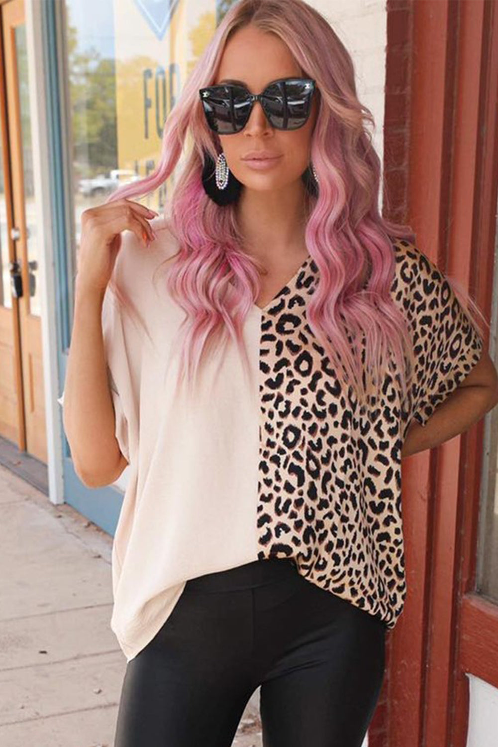 Leopard Print and Solid Color Blouse