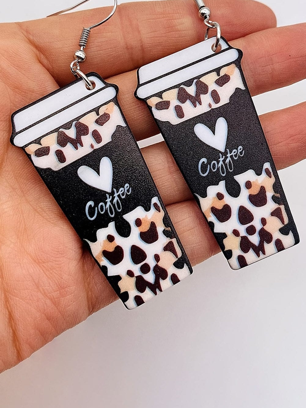 Leopard Print Coffee Cup Dangle Earrings for Coffee Lovers