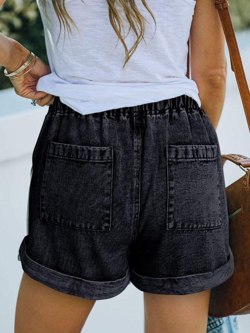 Vintage Acid Washed Green Denim Shorts with Drawstring Waist