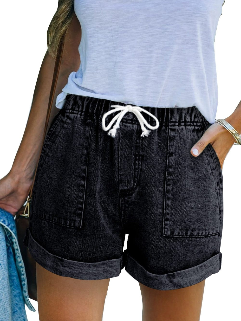 Vintage Acid Washed Green Denim Shorts with Drawstring Waist