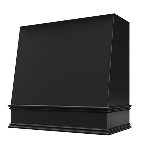 Campana extractora de madera negra con frente en ángulo y borde decorativo: anchos disponibles de 30", 36", 42", 48", 54" y 60"