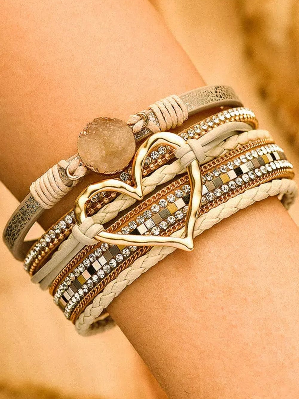 Bohemian Heart Rhinestone Beige Magnetic Closure Bracelet