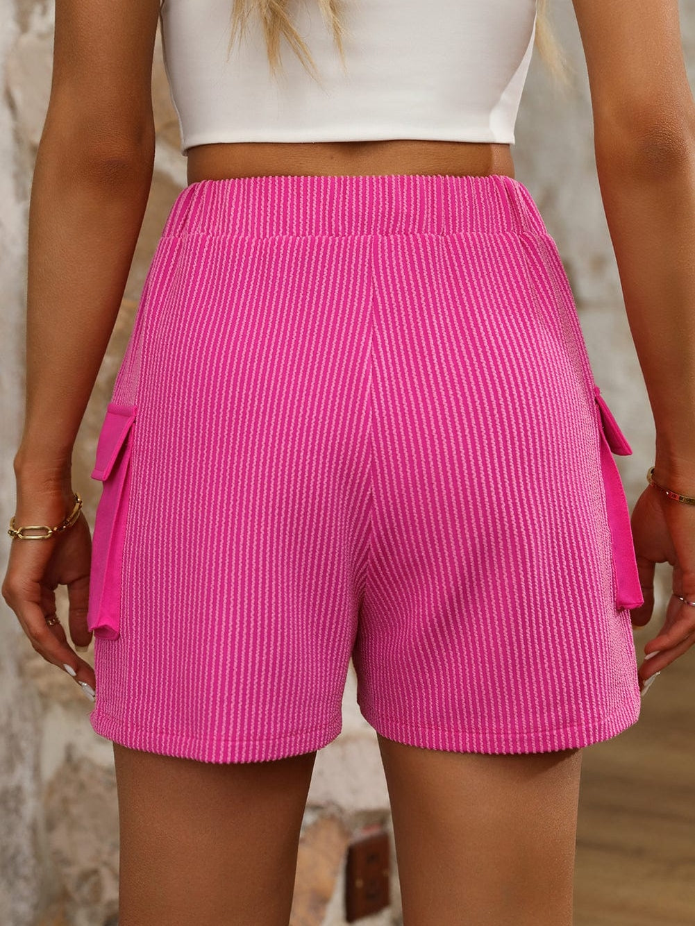 Vibrant Pink Corded Texture Cargo Shorts