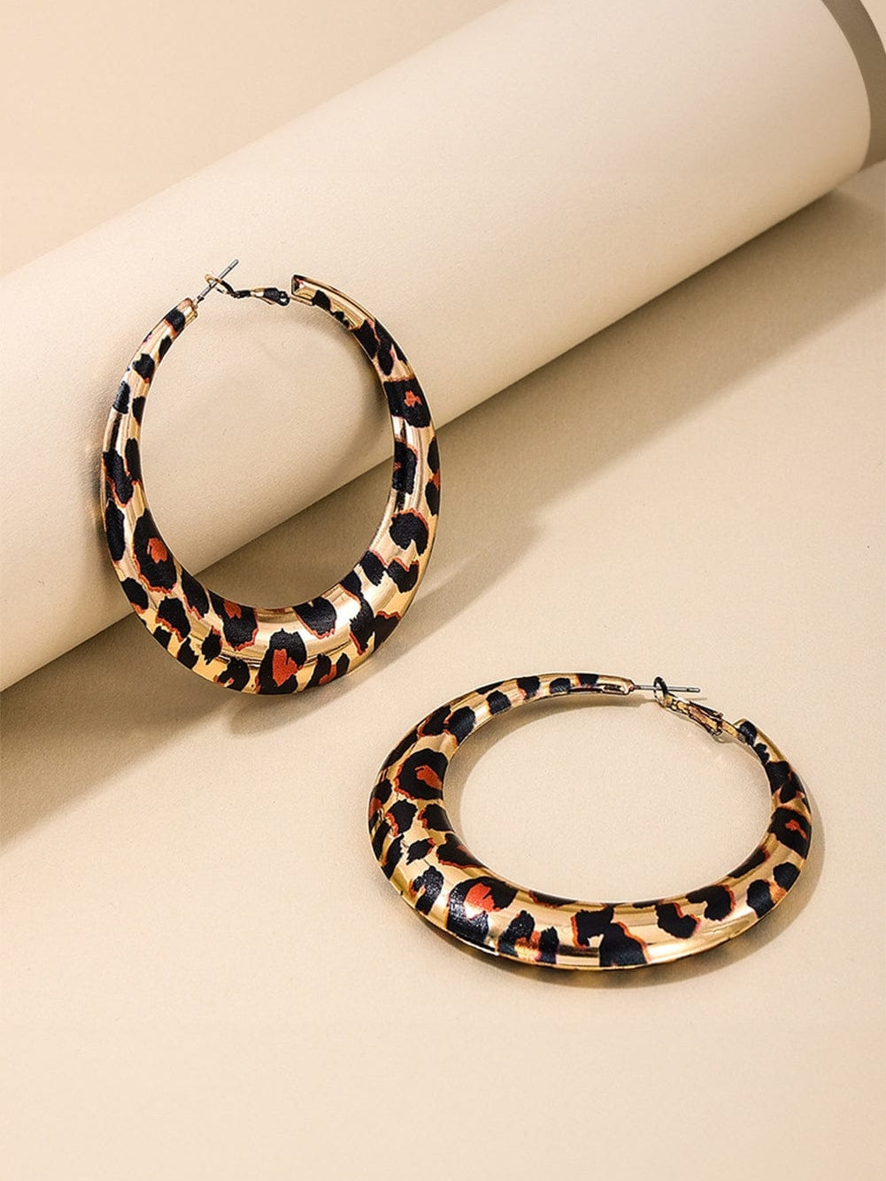 Leopard Print Statement Hoop Earrings in Brown Ferroalloy