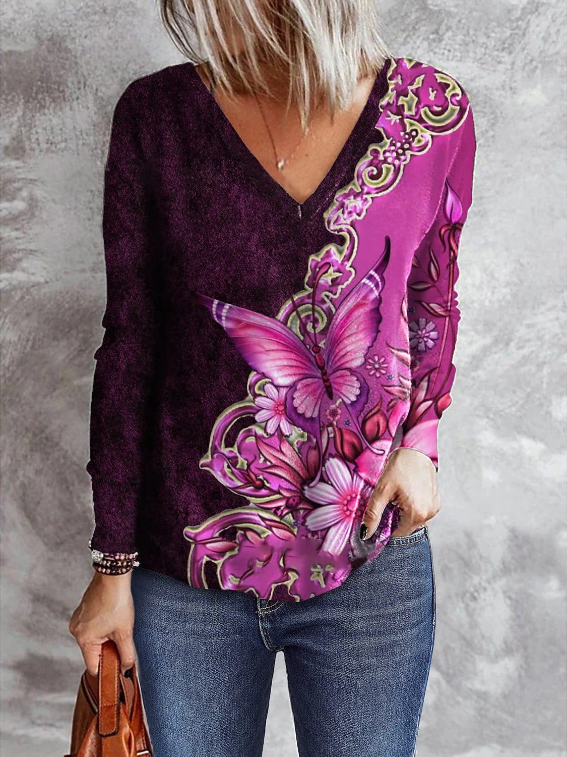 Long Sleeve V-Neck Tunic with Butterfly Design