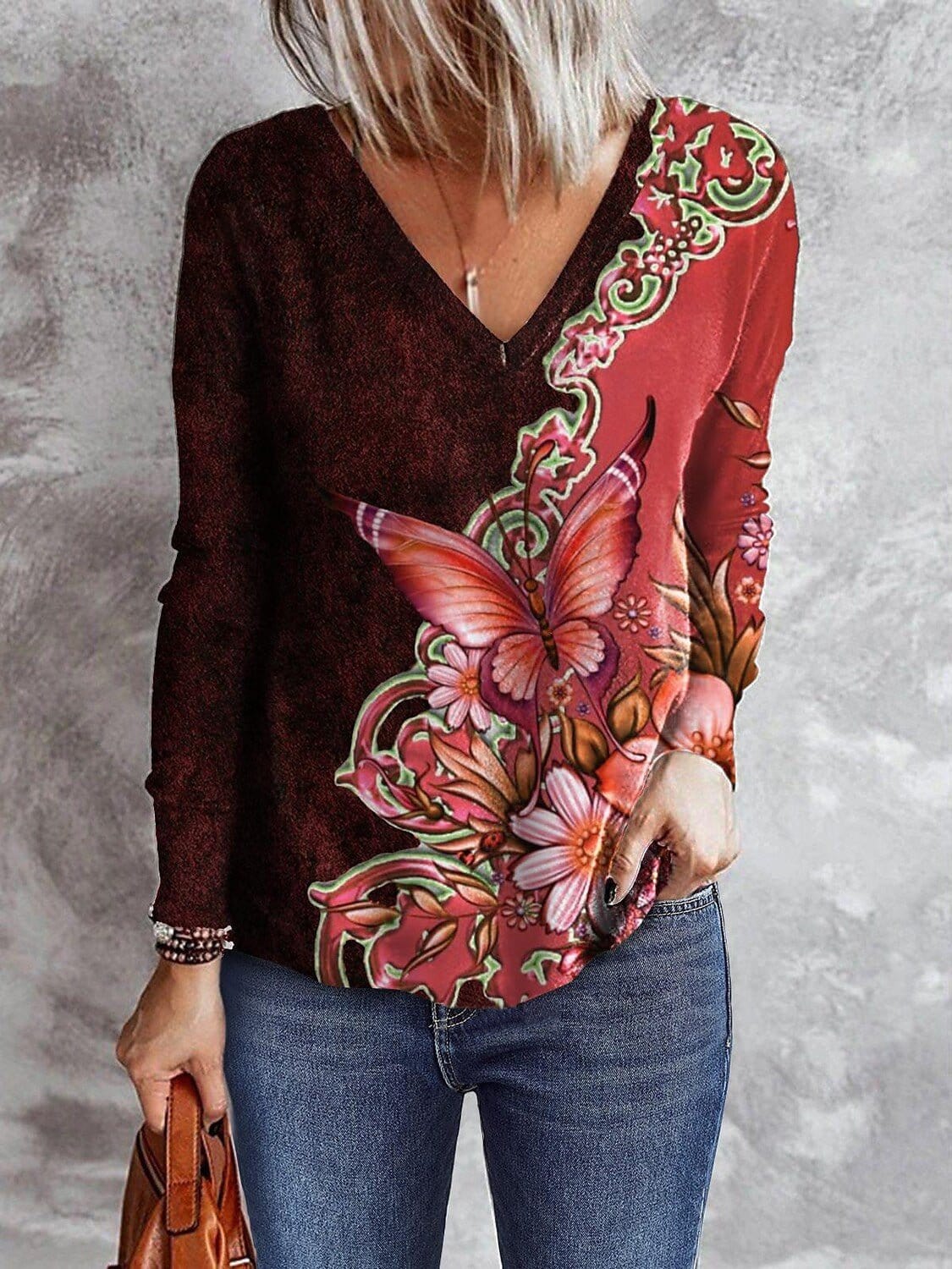 Long Sleeve V-Neck Tunic with Butterfly Design