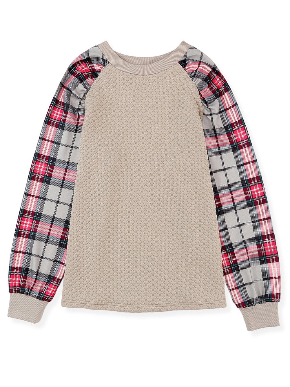 Textured Knit Top with Plaid Sleeves