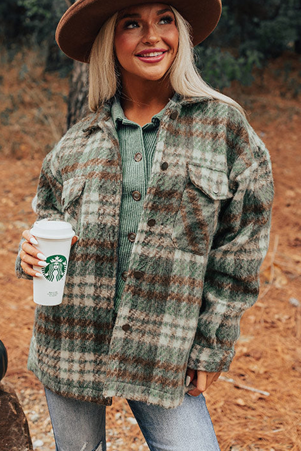 Plus Size Green Plaid Shacket Jacket