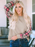 Textured Knit Top with Plaid Sleeves