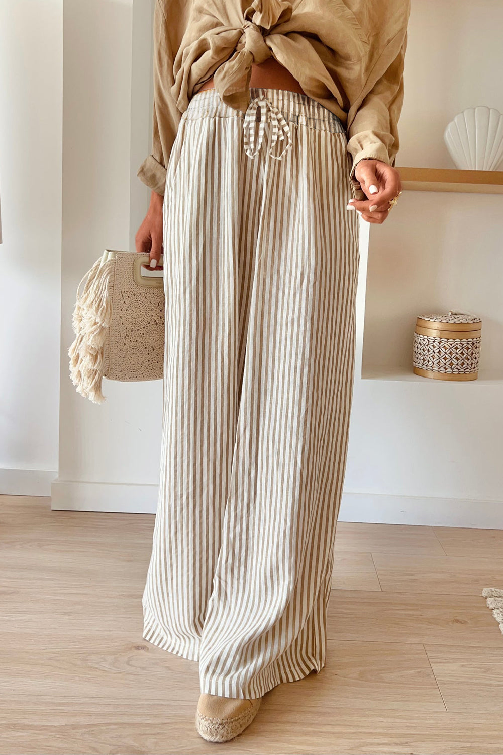 Striped Wide Leg Pants with Drawstring