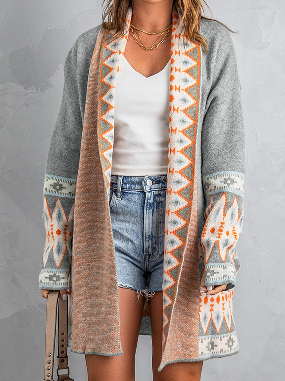 Open Front Long Cardigan with Tribal Print