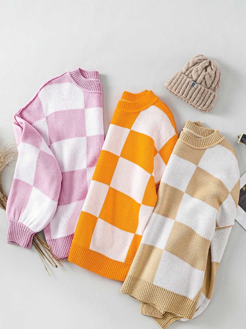 Women's Plus Size Checkered Knit Sweater