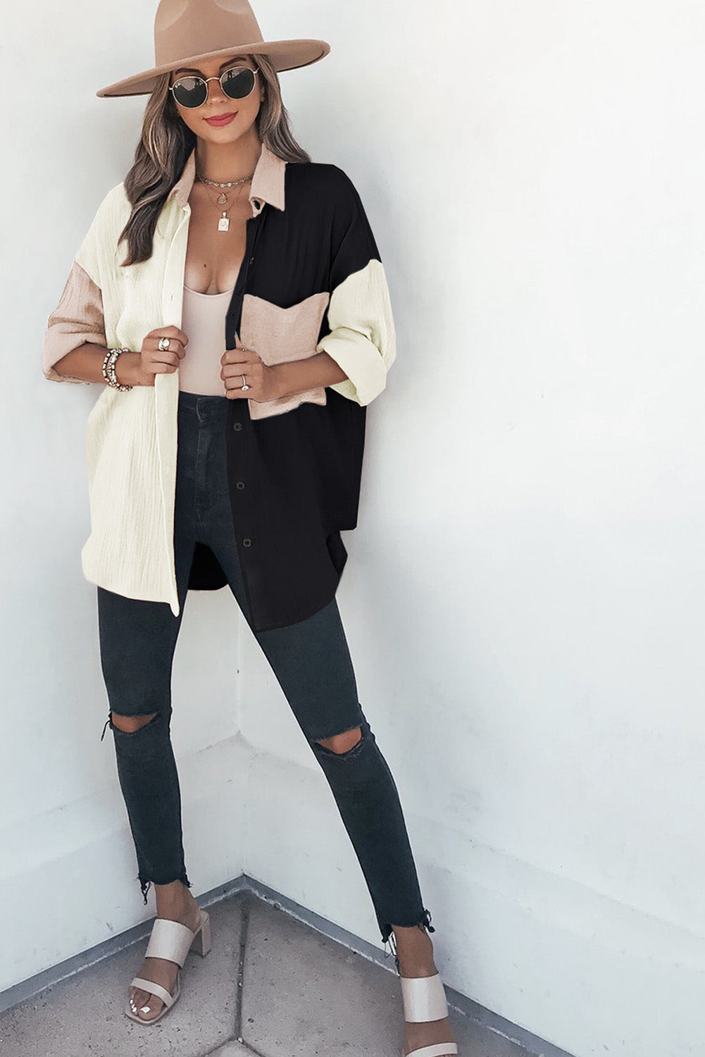 Long Sleeve Contrast Panel Blouse