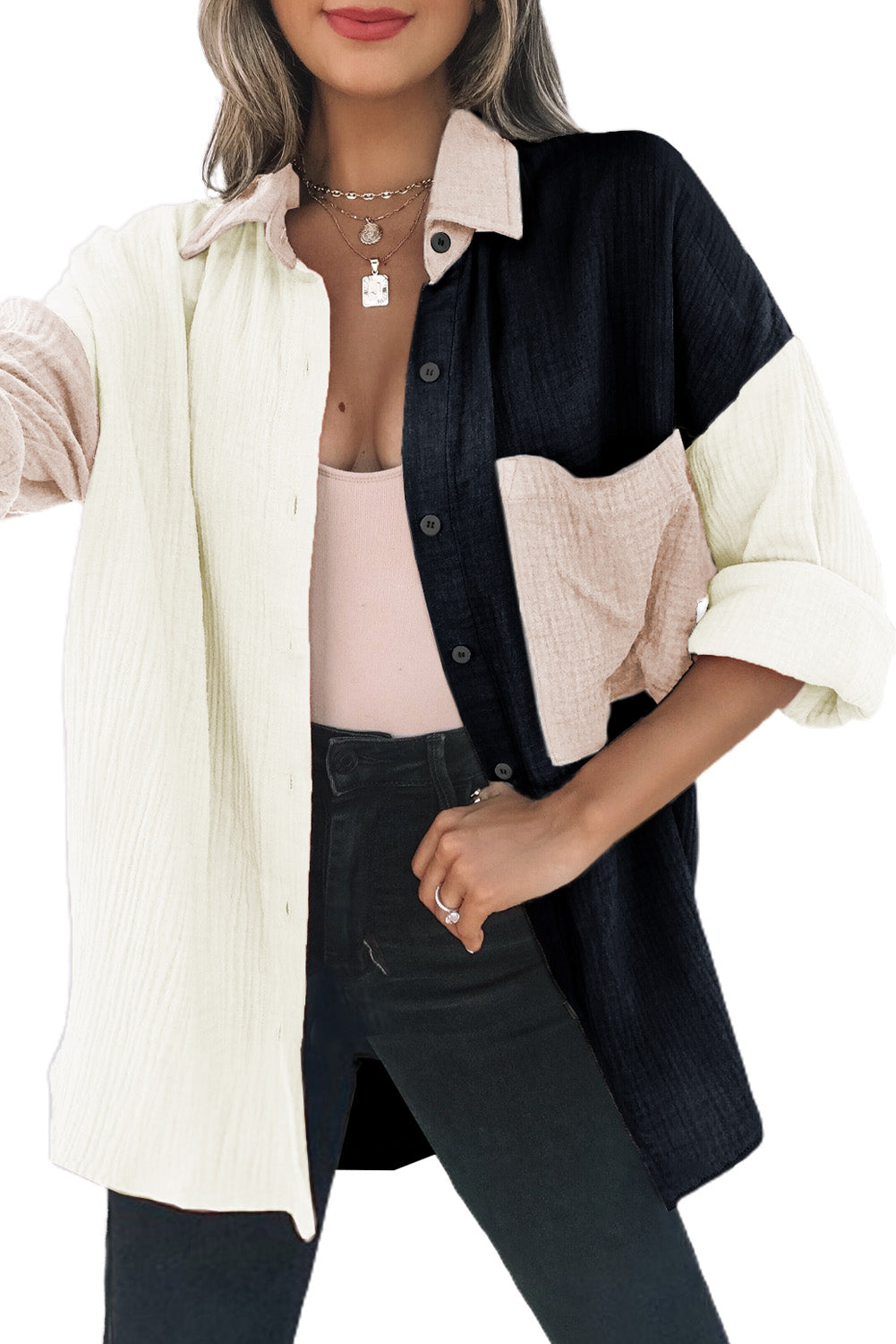 Long Sleeve Contrast Panel Blouse