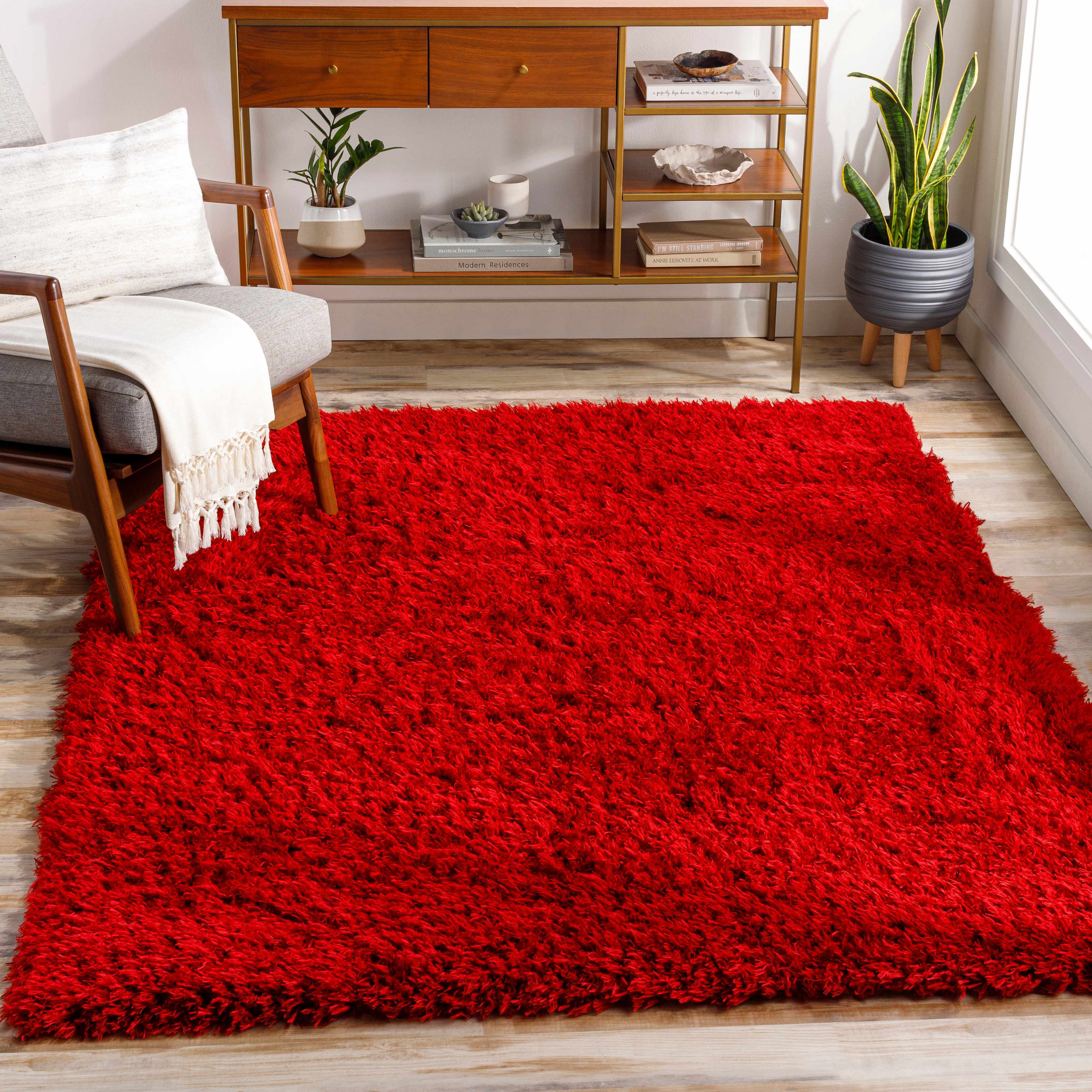 Alfombra peluda de color rojo liso Siari