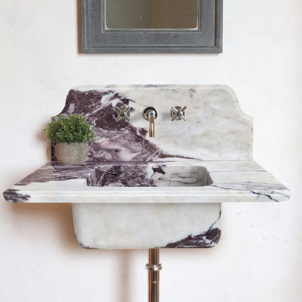 Lavabo de baño de pared sobre tocador de mármol Calacatta Viola con protector contra salpicaduras de 10"