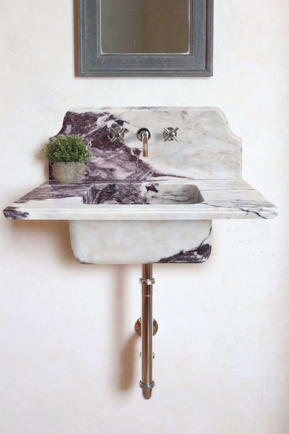 Lavabo de baño de pared sobre tocador de mármol Calacatta Viola con protector contra salpicaduras de 10