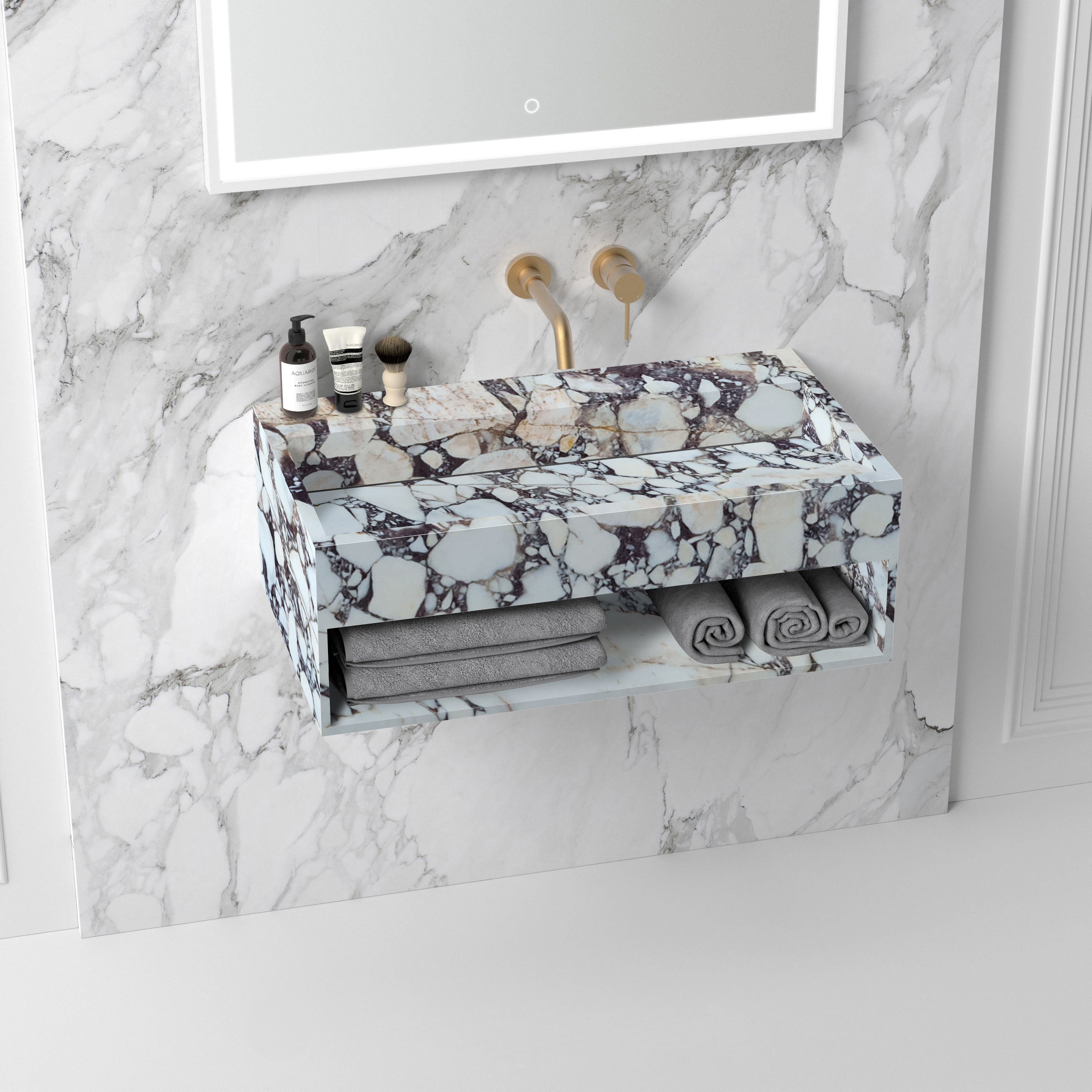 Lavabo de baño de mármol Calacatta Viola con desagüe oculto y espacio de almacenamiento para montaje en pared
