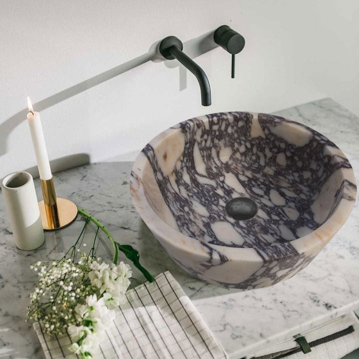 Lavabo cónico para baño sobre tocador de mármol Calacatta Viola, pulido/mate (diámetro de 16