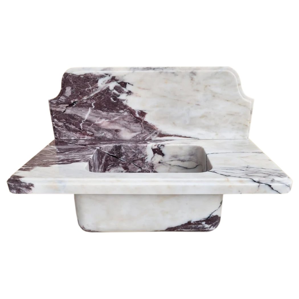 Lavabo de baño de pared sobre tocador de mármol Calacatta Viola con protector contra salpicaduras de 10