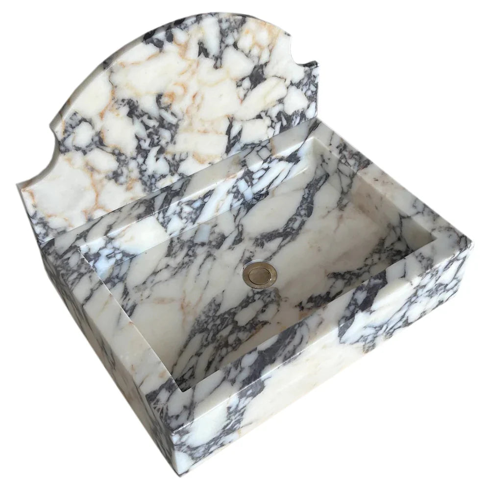 Lavabo de baño de mármol Calacatta Viola para montaje en pared con protector contra salpicaduras (ancho) 18