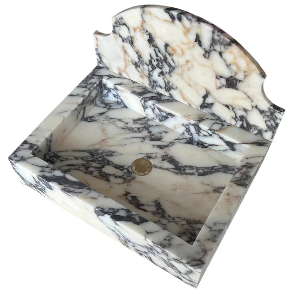 Lavabo de baño de mármol Calacatta Viola para montaje en pared con protector contra salpicaduras (ancho) 18" (largo) 24" (alto) 6"
