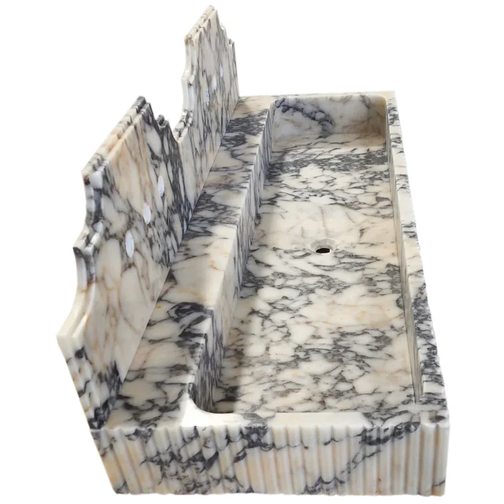 Lavabo de baño de mármol Calacatta Viola para montaje en pared con borde acanalado y protector contra salpicaduras (ancho) 20" (largo) 55" (alto) 6"