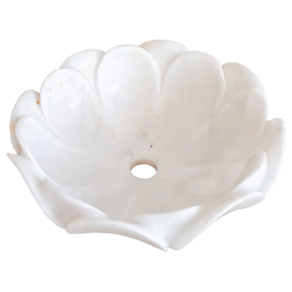 Lavabo de baño con forma de flor de mármol blanco de Carrara pulido (diámetro de 17