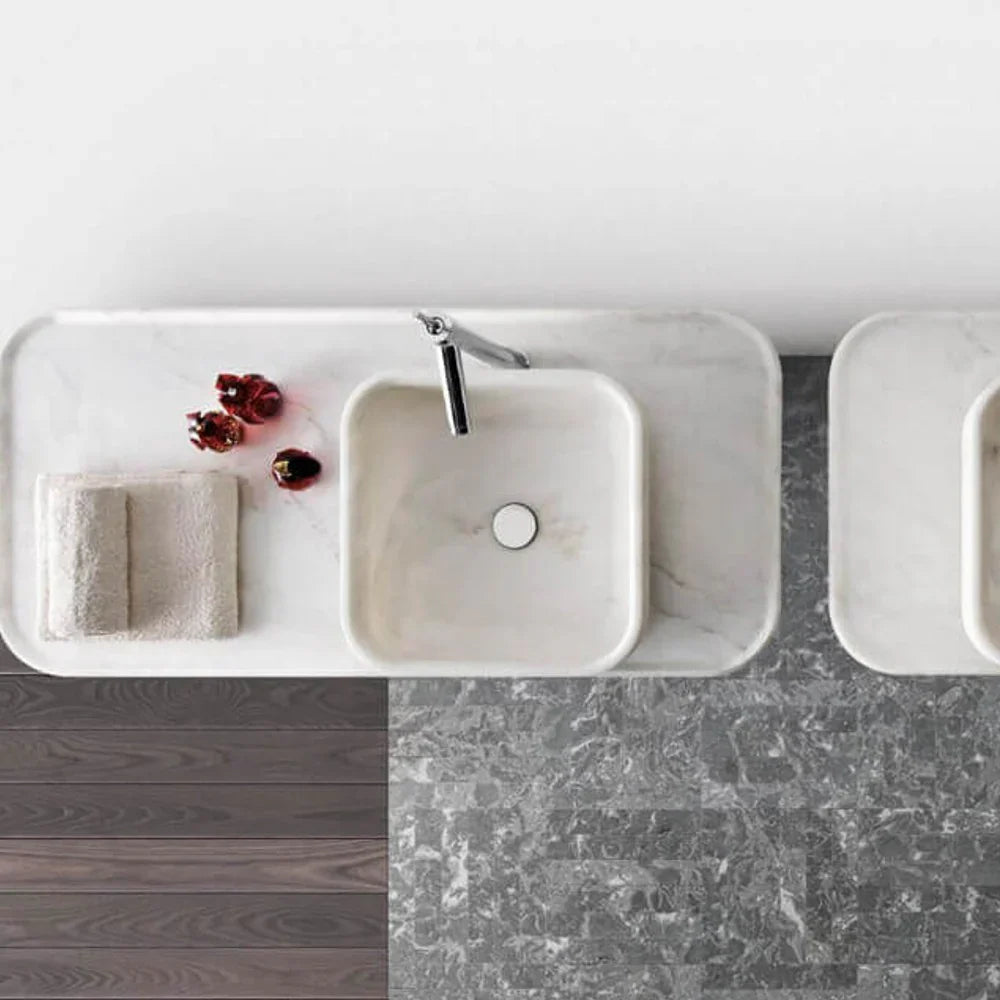 Lavabo cuadrado sobre tocador de baño de mármol blanco de Carrara pulido (ancho) 17