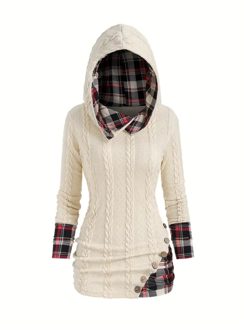 Textured Knit Top with Plaid Sleeves