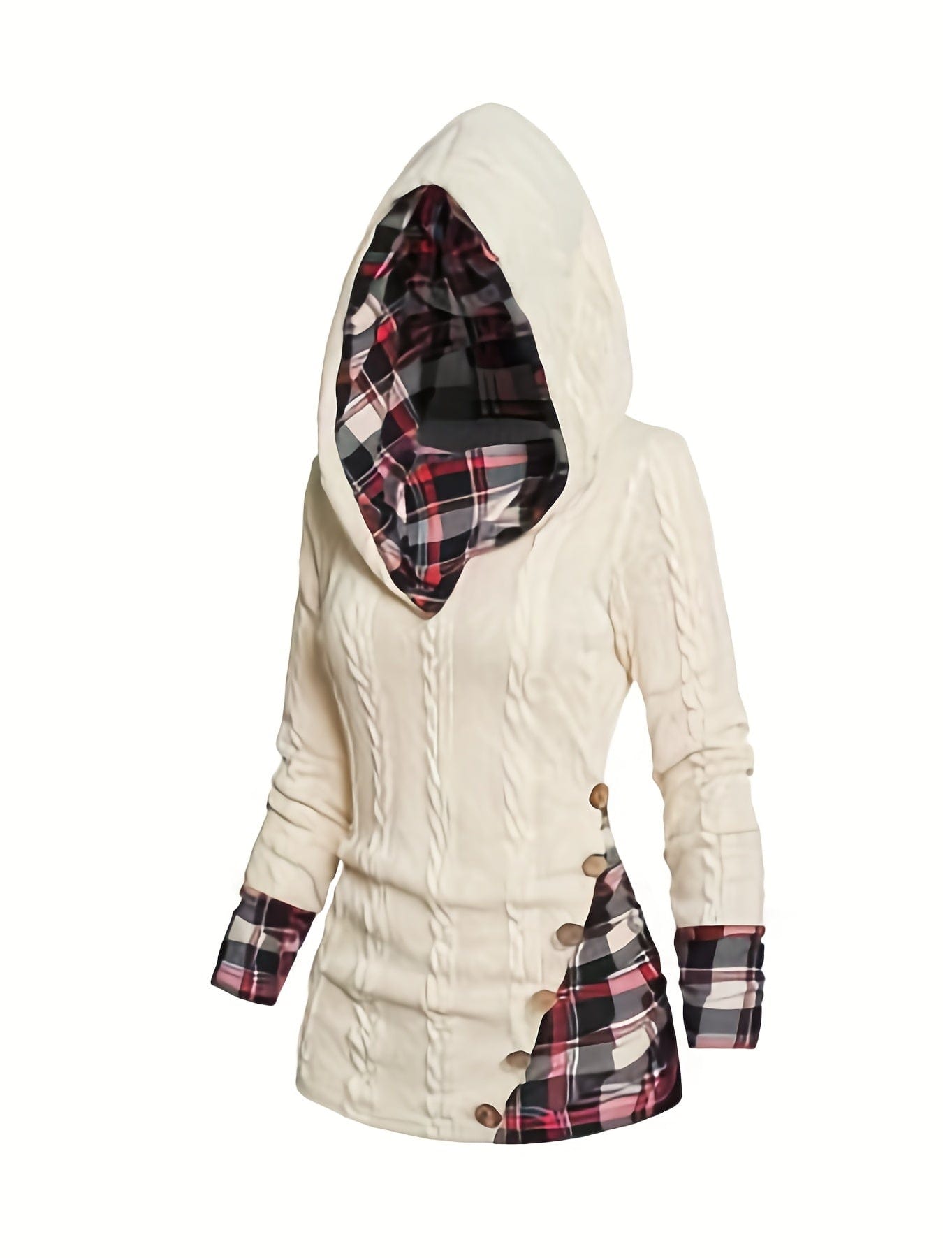 Textured Knit Top with Plaid Sleeves